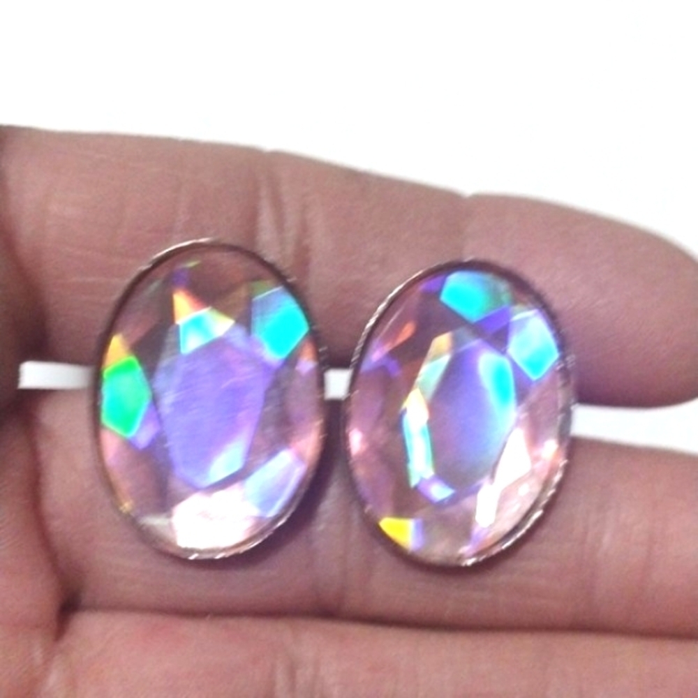 VINTAGE IRIDESCENT PINK/RAINBOW CRYSTAL SILVER-TONE DROP CLIP-ON 1" EARRINGS